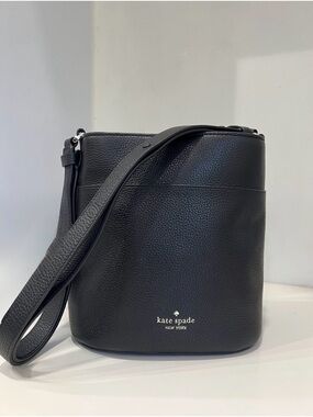 Kate Spade Leila Black Pebbled Leather Adjustable Strap Crossbody Bucket Bag NEW